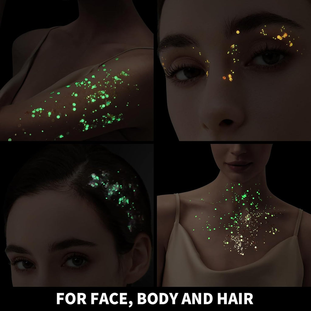 Teenitor 6 Colors Glow in The Dark Glitter Gel, Face Glitter Gel, Body Glitter Hair Glitter for Halloween Makeup UV Black Light Party Cheer Raves Festivals
