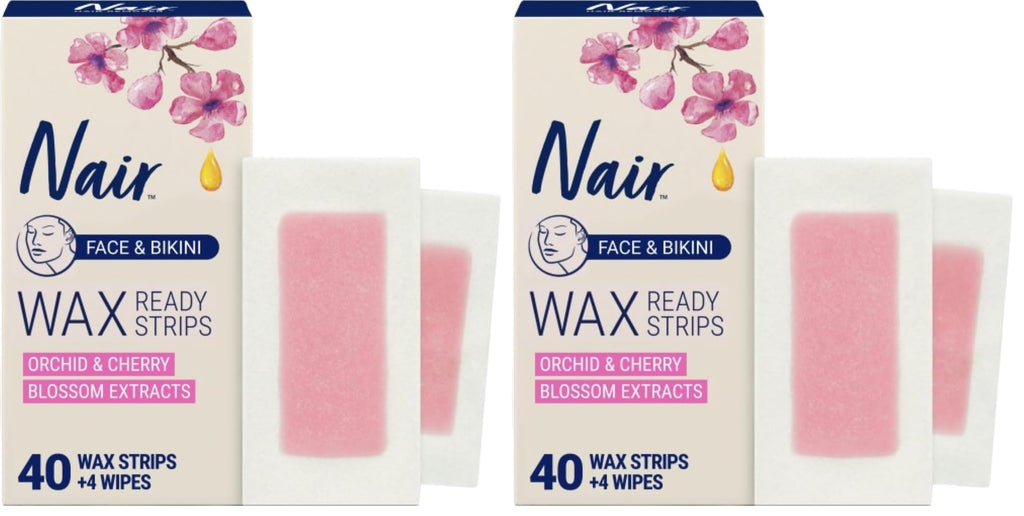 Nair Hair Remover Wax Ready Strips, Face and Bikini Hair Removal Wax Strips, Orchid and Cherry Blossom Extracts, Dermatologist Tested, Plus 4 Non-Flushable Post Wipes, 40 Count