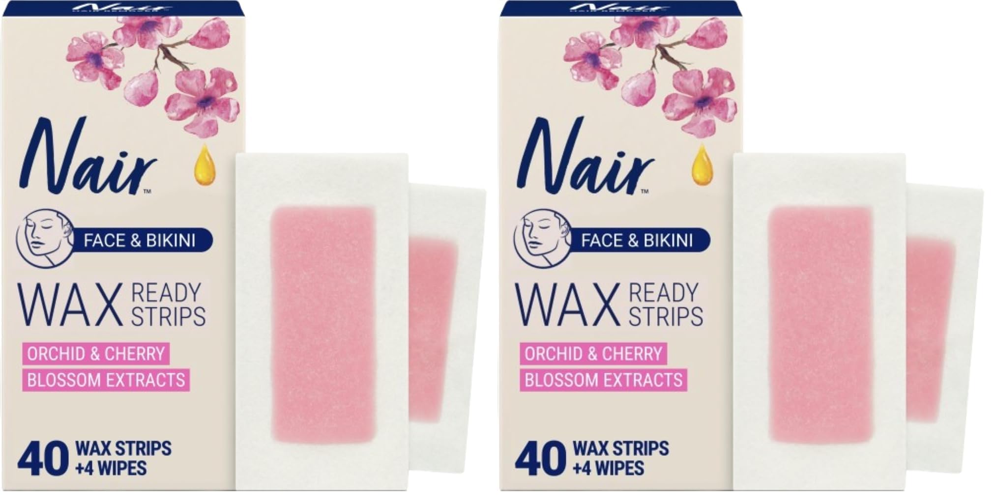 Nair Hair Remover Wax Ready Strips, Face and Bikini Hair Removal Wax Strips, Orchid and Cherry Blossom Extracts, Dermatologist Tested, Plus 4 Non-Flushable Post Wipes, 40 Count