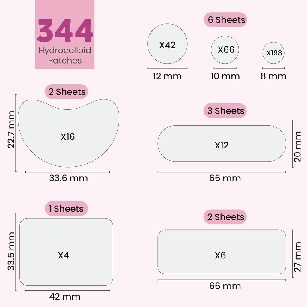 344 Pcs Large Pimple Patches for Face – 7 Sizes XL Acne Patches for Full Face, Big Hydrocolloid Bandages for Body, Chin, Forehead, Chest & Back Hydrocolloid Patch (Round, Crescent, Oval & Rectangular)