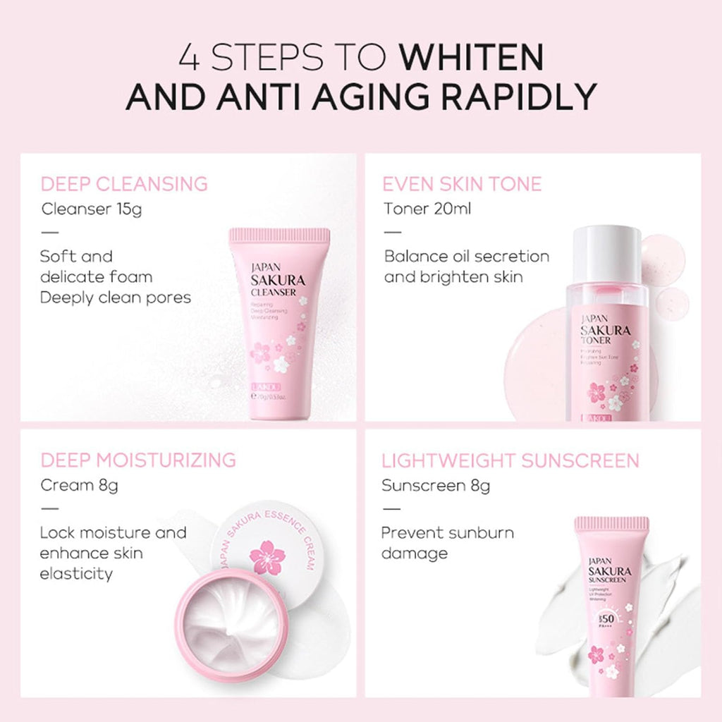 Sakura Travel Skincare Set for Teenage Girls - Face Routine Set for Women,4 Piece Gentle Skin Cleaning & Care Travel Size Kit With Cleanser, Toner, sunscreen and Face Cream
