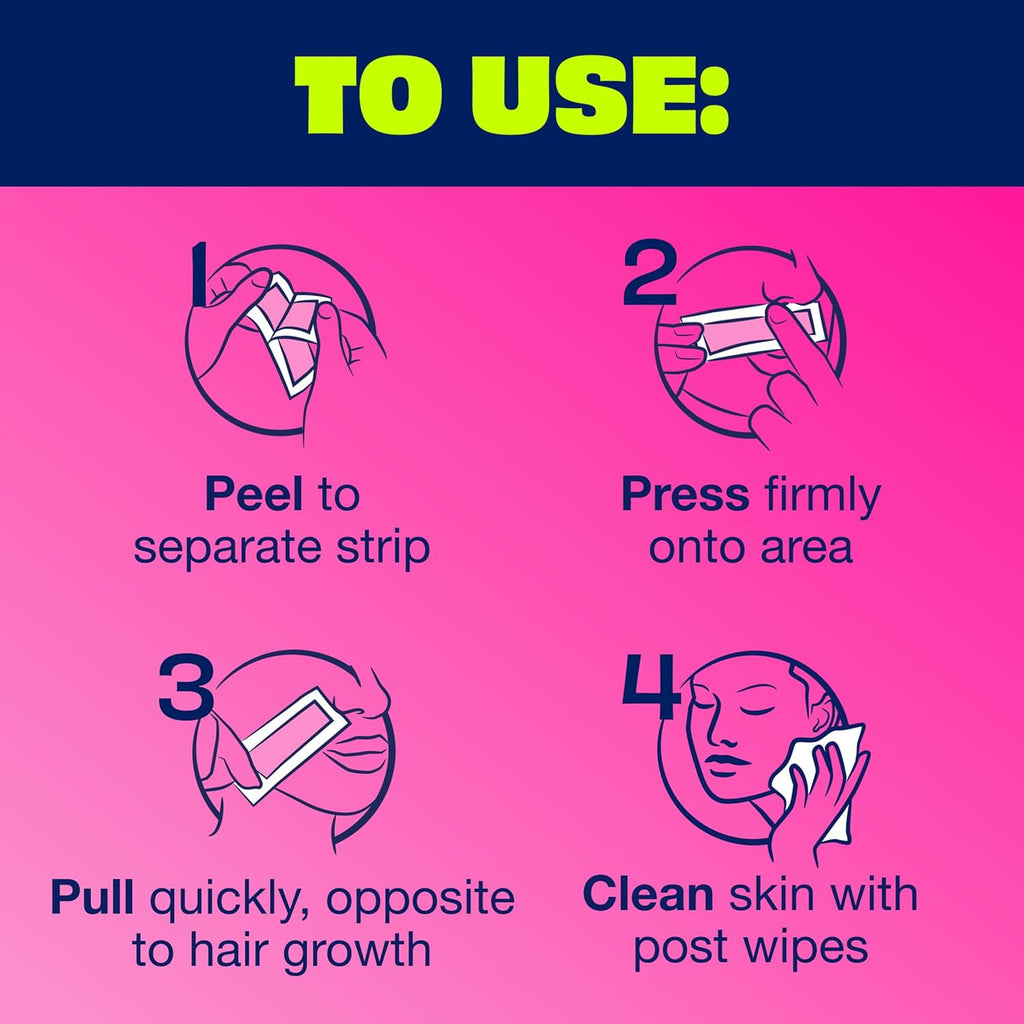 Nair Hair Remover Wax Ready Strips, Face and Bikini Hair Removal Wax Strips, Orchid and Cherry Blossom Extracts, Dermatologist Tested, Plus 4 Non-Flushable Post Wipes, 40 Count